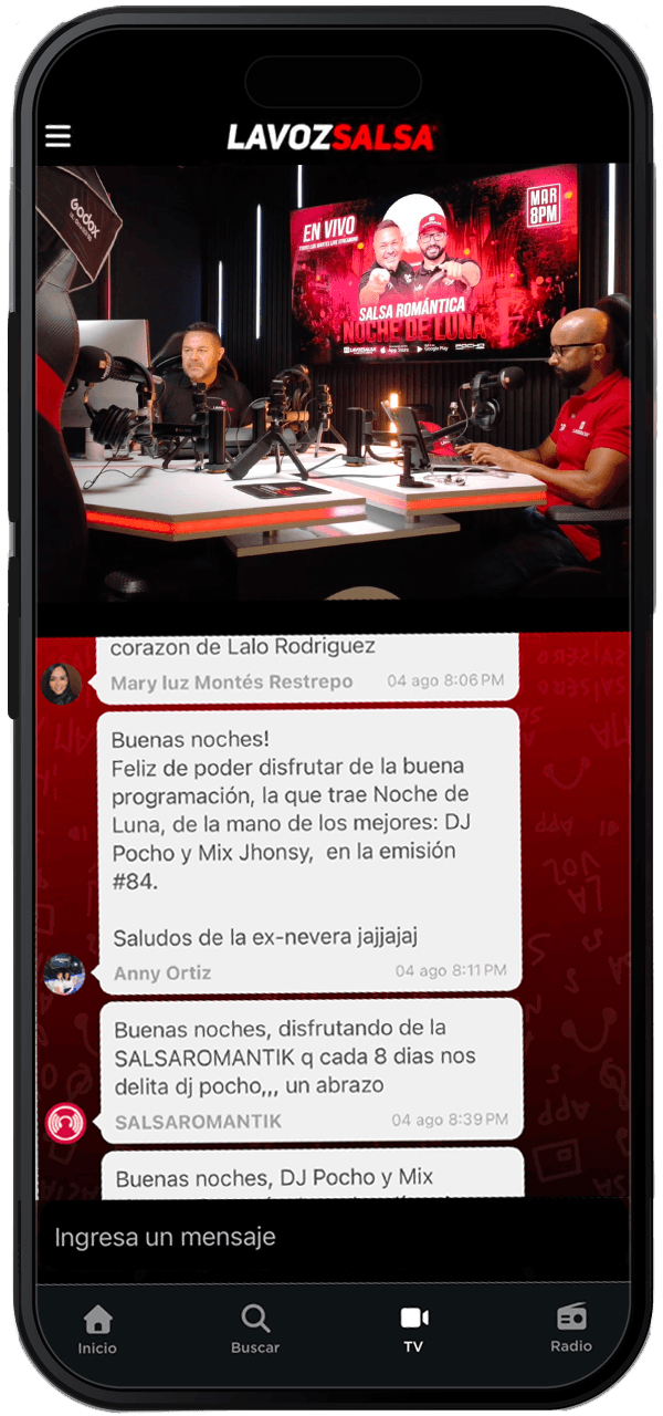 Teléfono con el estudio en vivo y el chat de La Voz Salsa