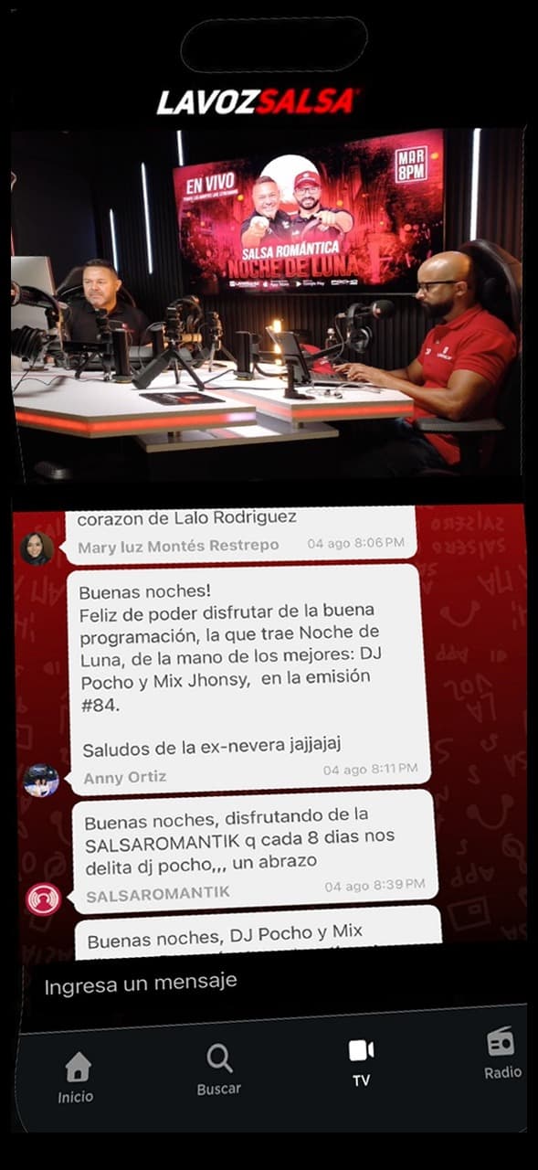 Estudio en vivo y chat de La Voz Salsa mostrados en publicidad